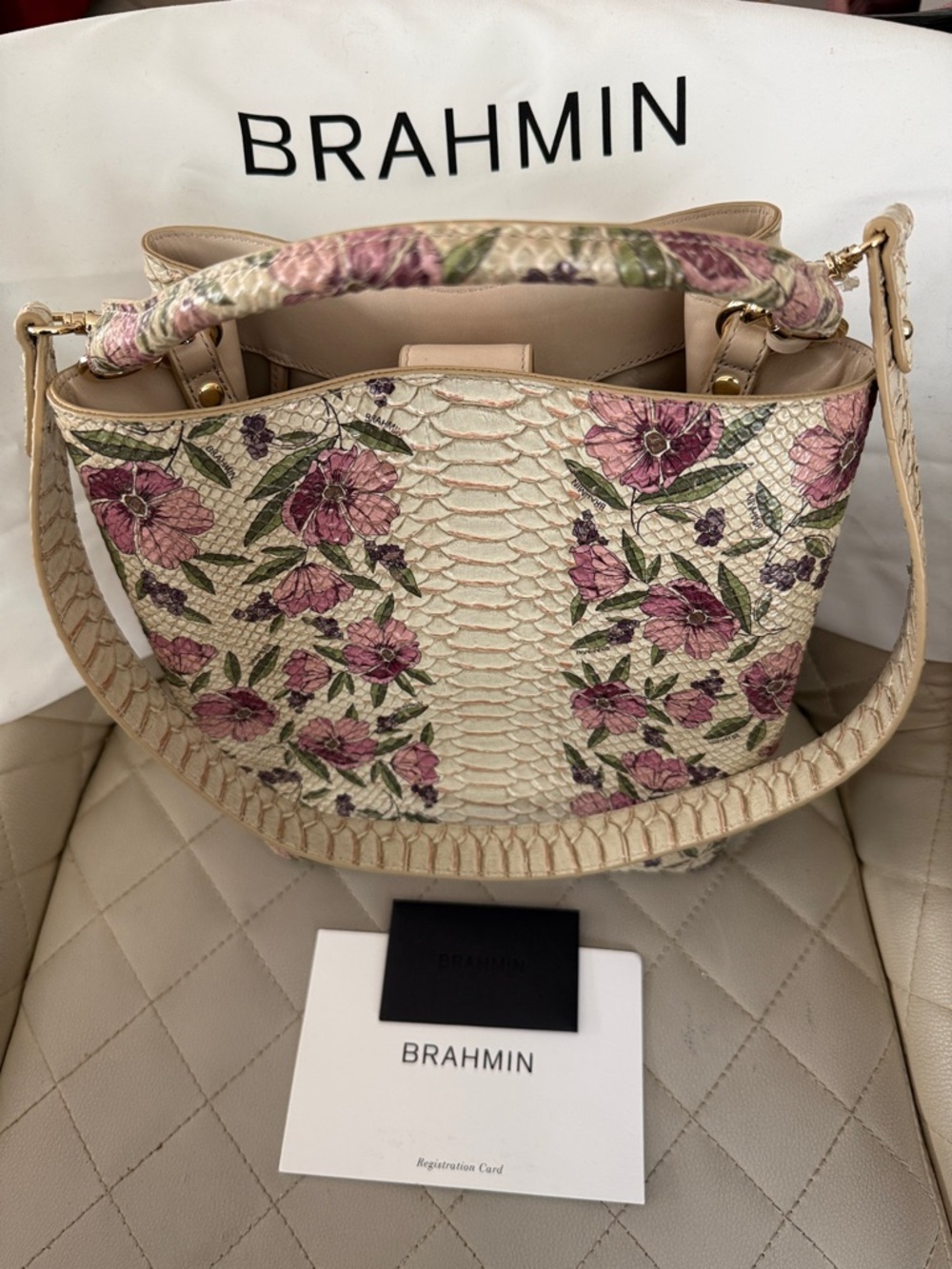 Brahmin Cream Floral Embossed Python-Texture Shoulder Bag with Pink Accents